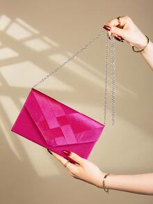 Tas Clutch Malam Berhiaskan Satin Modis, Tas Selempang Model Amplop - Hot Pink - View 4