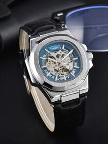 LONGLUX 1pc Men's Hollow Automatic Mechanical Waterproof Fashion Leather Band Watch - Black - View 5