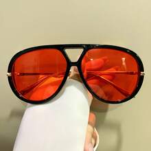 Minimalist Fashion Double-Bridge Frog Glasses, Metal Temples And PC Lenses, Unisex Casual Glasses. - 漸變棕 - 查看 4