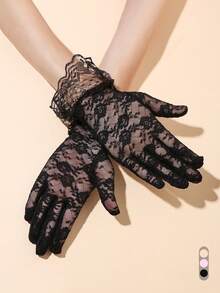 1 双女士纯色薄纱长手套，晚礼服装饰派对手套，新娘手套，婚礼手套，秋季配饰