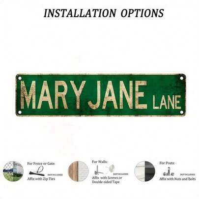 Vintage "MARY JANE LANE" Aluminum Street Sign - 16.0x4.0inch Green And White, Distressed Metal Wall Decor For Home, Bar, Cafe, Garage - Easy-To-Hang Metal Plaque With Pre-Drilled Holes, Metal Outdoor Decoration