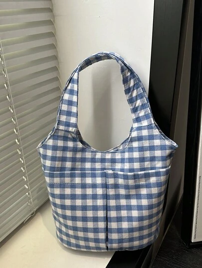 Wholesale Korean Retro Plaid Backpack Tote Bag, Large Capacity One Shoulder Bag, Lightweight Shopping Bag, Versatile Canvas Bag For Female Students