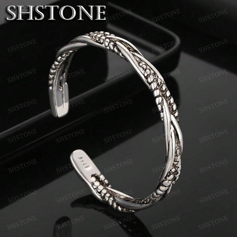 Vòng tay xoắn dệt thủ công dành cho nam và nữ, màu trung tính, phong cách retro, độc đáo, mạ bạc 925, kiểu dáng mở, trang sức thời trang dự tiệc, quà tặng. - Bạc - Xem 1