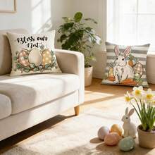 4 件套农舍风格复活节兔子抱枕套，春季装饰，涤纶面料方形单面印花靠垫套，复活节家居装饰，拉链式，不含枕芯，适用于沙发、客厅、农舍、卧室、户外装饰。 - 灰色 - 查看 8