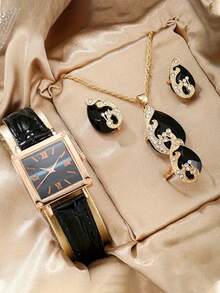 1件女士优雅时尚真皮表带腕表，方形罗马数字表盘，石英表套装 - 玫瑰金 - 查看 1