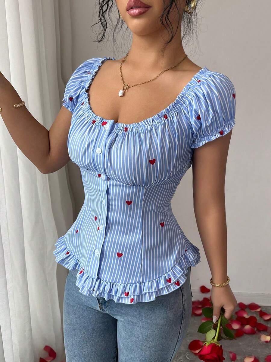 Áo kiểu nữ LilyHouse phong cách Y2K họa tiết trái tim kẻ sọc - Cổ vuông, tay ngắn phồng, cài cúc phía trước, phù hợp cho mặc hàng ngày, hẹn hò, du lịch và nghỉ mát.