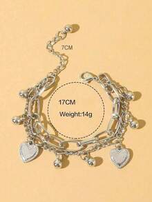 1pc Silver Double Heart Charm Bracelet For Women Girls  Jewelry Gift With Adjustable Chain Elegant Design Heart-Shaped Pendants Fine Accessories FKRV - Bạc - Xem 3