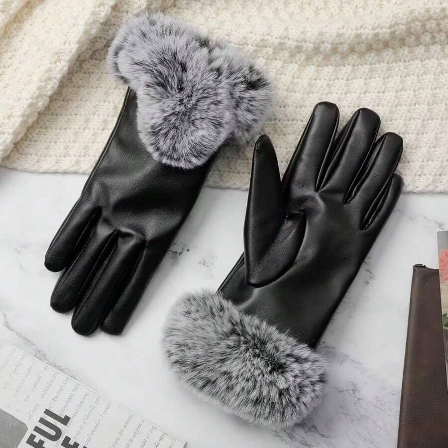 1 Pair Fleece Lined Windproof Waterproof Warm Touchscreen Gloves, Fashionable And Cute For Driving - Black - View 1
