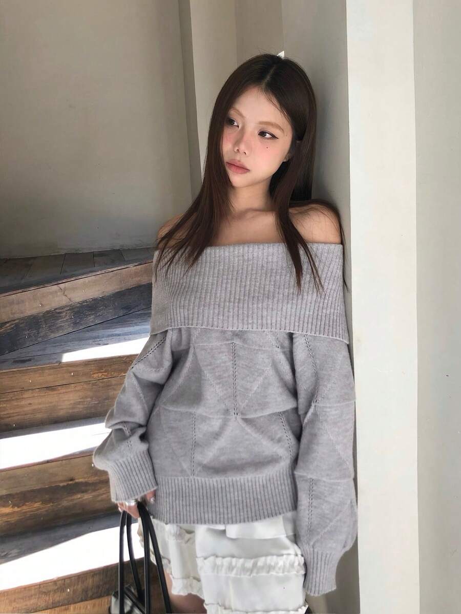 韩版女士休闲露肩针织衫,适合秋冬春季穿着 - 灰色 - 查看 1