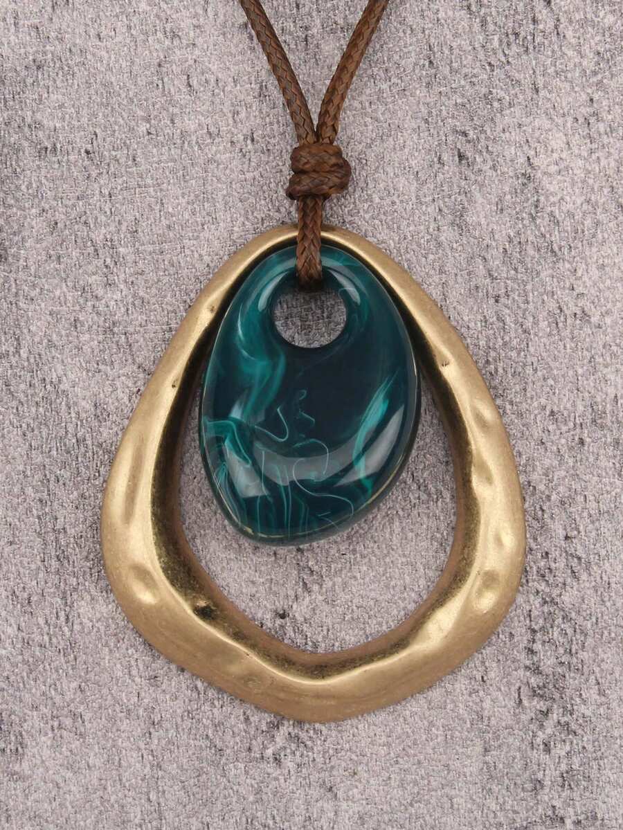 1pc Bohemian Gold & Silver Teardrop Alloy Necklace, Fashion Brown Wax Rope Long Chain, Elegant Resin Choker Necklace, Party Gift, Gift For Girlfriend/Mother - Resin - View 1