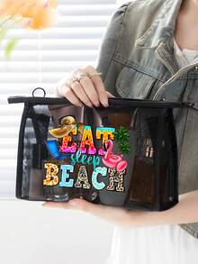 大容量网眼包套装，沙滩手提包，印有“Eat Sleep Beach”字母图案、椰子树和火烈鸟图案，沙滩风格，便携式镂空网眼单肩包，洗漱包，化妆包，化妆品收纳包，可折叠大容量沙滩包，防水防沙，适合海滩度假 - 彩色 - 查看 14