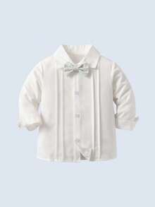 BOARNSEORL 2pcs Young Boys Gentleman Outfit - White Long Sleeve Shirt With Bow Tie And Green Suspender Pants, Fashion & Elegant For Birthday Party, Wedding, Anniversary Celebration - Green - View 6