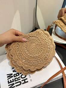 Fashionable Hollow Woven Women's Crossbody Bag, Handmade Crochet Shoulder Bag, Summer Beach Bag With Flap Magnetic Closure, Woven Tote, New Seaside Resort Style Round Envelope Bag For Ladies - Khaki - View 3
