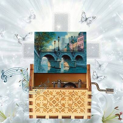 Skrzynka pozytywkowa z korbką w kształcie mostu paryskiego – drewniana skrzynka pozytywkowa bez baterii z motywem miejskiego pejzażu w stylu vintage – miniaturowa skrzynka pozytywkowa na biurko, idealna na prezent