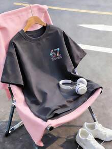 Tween Girl Colorful Number 67 & Six Seven Print T-Shirt, Suitable For Daily Wear, Party, Fashion For Summer - Dark Grey - View 5