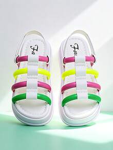 2026夏季街头酷炫限量版女童[3-1岁幼儿婴儿软底学步鞋，荧光绿、粉色、黄色撞色反光宽绑带设计，轻便EVA防滑厚底，露趾可调节踝带，5厘米厚底，荧光Y2K运动风儿童厚底凉鞋，女童户外时尚鞋，适合游乐园、滑板、街头日常穿着 - 彩色 - 查看 10