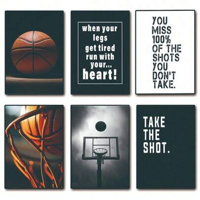 [Tranh phẳng 2D không khung] Bộ 6 tranh trang trí phòng không khung hình bóng rổ, tranh in câu nói truyền cảm hứng về thể thao, tranh chủ đề bóng rổ tạo động lực, tranh in đen trắng cho phòng ngủ tuổi teen, mỗi tranh kích thước 8x10 inch.