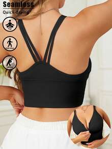 EMUPER 1pc Seamless Elastic Racerback Sports Bra & Enhancing Bra For Women - Black - View 3