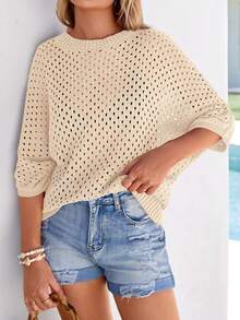 Women's Summer Crochet Top - Hollow-Out Batwing Sleeve Cover-Up, Cute Pullover Knitwear, Beach Vacation Outfit - 米色 - 查看 6