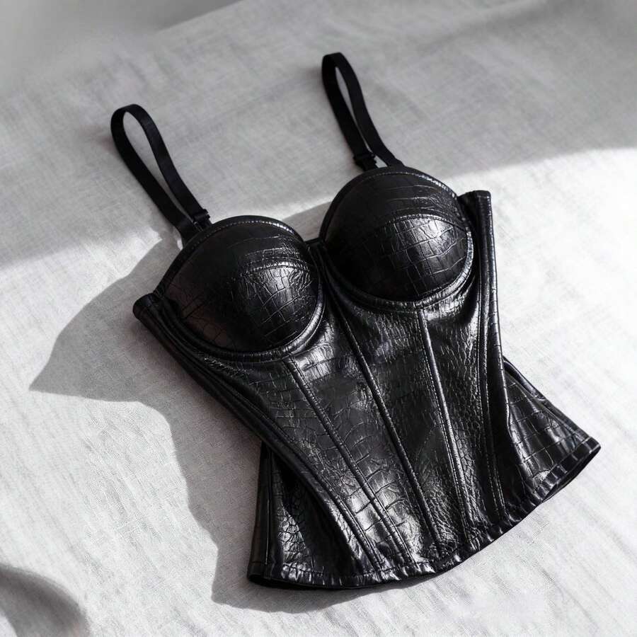 Structural Gothic Punk Corset Top In Black PU Leather, Featuring Reinforced Boning, Adjustable Spaghetti Straps & Built-In Padded Support For A Defined Silhouette, Edgy Retro Style Ideal As A Statement Piece For Urban Outfits, Celebrations, Halloween Events & Romantic Evenings - 黑色 - 查看 1