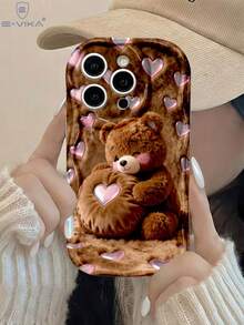 1 pieza Funda de teléfono gruesa y a prueba de golpes con estampado de oso de peluche de San Valentín 2D no 3D sosteniendo un corazón, compatible con Apple & Series - Multicolor - Ver 1