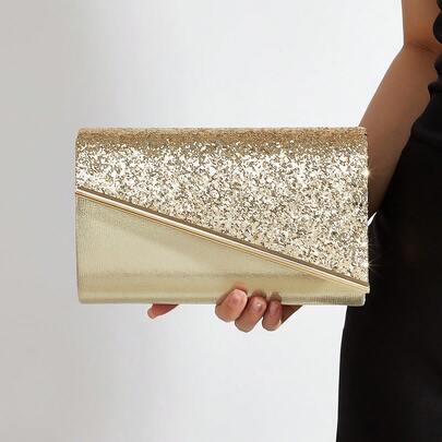 AIBBYDAR Women's Evening Bag, Gold Fashionable Solid Glitter Ladies Clutch Purse, Suitable For Evening Dress, Portable Wallet, Cosmetic Bag, Detachabl
