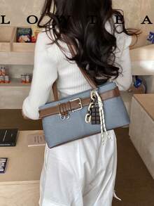 low tea 1个低茶色纯色PU皮革单肩包，女士复古时尚方形手提包，顶部双提手，拉链封口，适合旅行、购物、约会、女士礼物，也适合通勤、户外活动、旅行、徒步。 - 藍色 - 查看 8