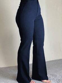 Plus Size Women Elegant High Waist Pocket Slim Fit Casual Everyday Commute Pants Spring - Navy Blue - View 2