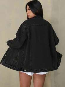 Plus Size Women's Black Stitched Decorative Loose Denim Jacket  Casual    Pocket  Button Front  Button    Holiday  School  Vacation  Home  Birthday Party  Daily    Autumn And Winter  Black Jeans  Lapel Loose Jacket  White Outline Element  Lapel Single-Breasted Retro Casual Jacket - màu đen - Xem 2