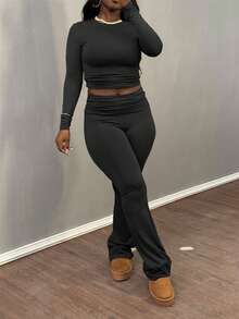 Women's Casual Round Neck Long Sleeve T-Shirt And Pants Set, Versatile For Spring - Black - View 4