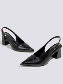 Women's Black Chunky Heel Fashion High Heels, Open Toe High Heel Pumps, Party High Heels, Wedding Shoes, Mary Jane Shoes, Formal Dress Shoes, High Heel Sandals, Backless Slip-On Pointed Toe High Heels - Black - View 3