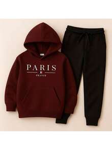 Boys' Paris Kangaroo Hoodie Set, Various Colors, Cotton Flannel - 紫紅色 - 查看 2