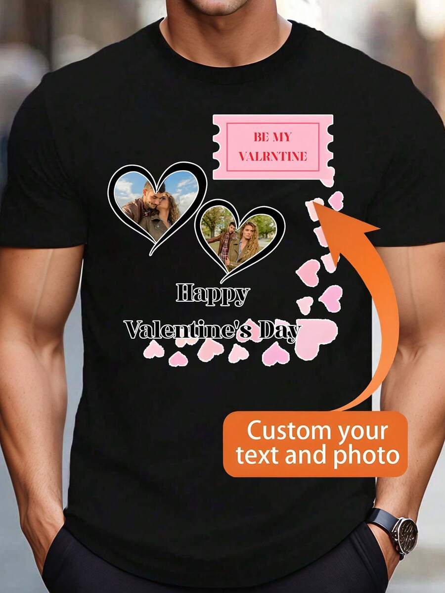 Camiseta casual de hombre de ajuste holgado con cuello redondo - Agrega tu propia imagen y diseño de texto para una camiseta personalizada impresa, Camiseta personalizada con corazón de San Valentín, Nombre personalizable, Regalo romántico para la pareja, Diseño de atuendo festivo, Regalo divertido para él/ella Deportes - Negro - Ver 1