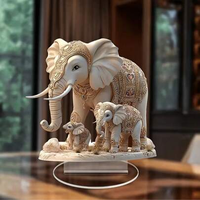 优雅的2D波西米亚风大象一家亚克力摆件 - | 饰有金色和白色珠宝细节的桌面装饰雕像，适用于卧室、客厅、办公室、户外空间 | 理想的复活节礼物，大象装饰品