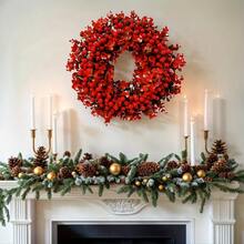 1 Stück roter Blumenkranz mit goldenen Tannenzapfen und Beeren - Ganzjährige Feiertags-Dekoration für Weihnachten, Neujahr, Valentinstag - Hochwertige künstliche Blätter für den Innen- und Außenbereich - Lebendiger Boho-Stil Hängedekoration, wetterfestes Material, perfekt für Haustür, Wand, Kaminsims, Partys und ganzjährige Heimdekoration - einfach aufzuhängen, wartungsfrei - Rot - Übersicht 6