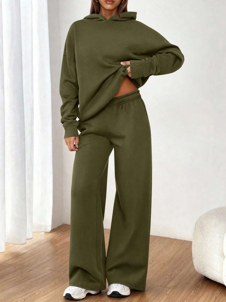 Womens Sweatsuits 2 Piece Set Casual Winter Long Sleeve Hoodie Loose Wide Leg Sweatpants Fall Tracksuit Spring Fall Clothes For Women Valentine Vacation Outfits Women - xanh quân đội - Xem 1