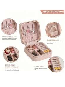 1pc Pink Jewelry Box, Mini PU 2-Layer Square Portable Zipper Jewelry Storage Box, Suitable For Rings, Earrings, Necklaces, Home Decor, New Year Gift, Birthday/Christmas Gift For Her, Summer Jewelry Organizer, Back To School Travel Accessory, Dorm Storage Essential - Pink - View 9