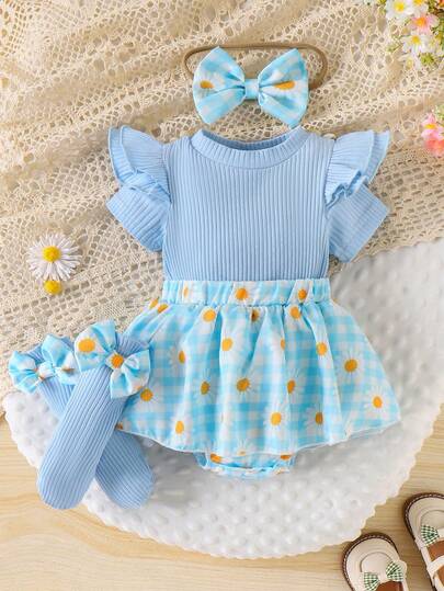 1 Set Baby Girls' Cute Comfortable Short Sleeve Patchwork Print Bodysuit + Leg Warmers + Headband, Lightweight For Spring/Summer