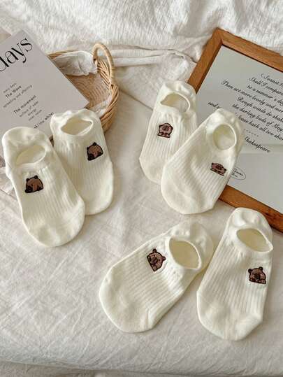 5 Pairs Cute Ankle Socks, Cartoon Capybara Pattern Striped Low-Cut Invisible Socks, Minimalist Casual White Socks With Collegiate Vibe, Suitable For All Seasons And Occasions