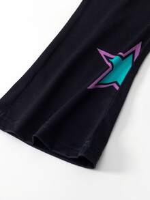 少女休闲简约可爱卡通韩流印花短袖圆领T恤和印花喇叭裤套装，紫色 - 彩色 - 查看 6