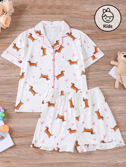 2 piezas Conjunto de pijama con estampado de perro salchicha para niños, nueva chaqueta de estilo abierto con cuello y manga corta, y pantalones cortos con cintura elástica suelta, conjunto de ropa casual, estampado de perro con corazón de dibujos animados, suave y amigable con la piel, adecuado para niñas, uso diario, ropa de casa, vacaciones, fiestas, lavable, idea de regalo