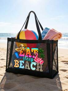 大容量网眼包套装，沙滩手提包，印有“Eat Sleep Beach”字母图案、椰子树和火烈鸟图案，沙滩风格，便携式镂空网眼单肩包，洗漱包，化妆包，化妆品收纳包，可折叠大容量沙滩包，防水防沙，适合海滩度假 - 彩色 - 查看 7