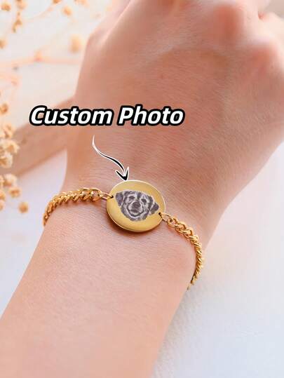 1 pieza Pulsera personalizada con foto y nombre, pulsera de cadena gruesa de eslabones con foto personalizada, doble personalización de foto y nombre, regalo de foto único para pareja, familia, amigos, regalo del Día de San Valentín personalizado unisex