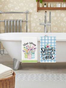 2Pcs Blue White Dish Towels Gingham Spring Bouquet Script Print Tea Towels Farmhouse Easter Breakfast Decor Kitchen Towels - Blue - View 4