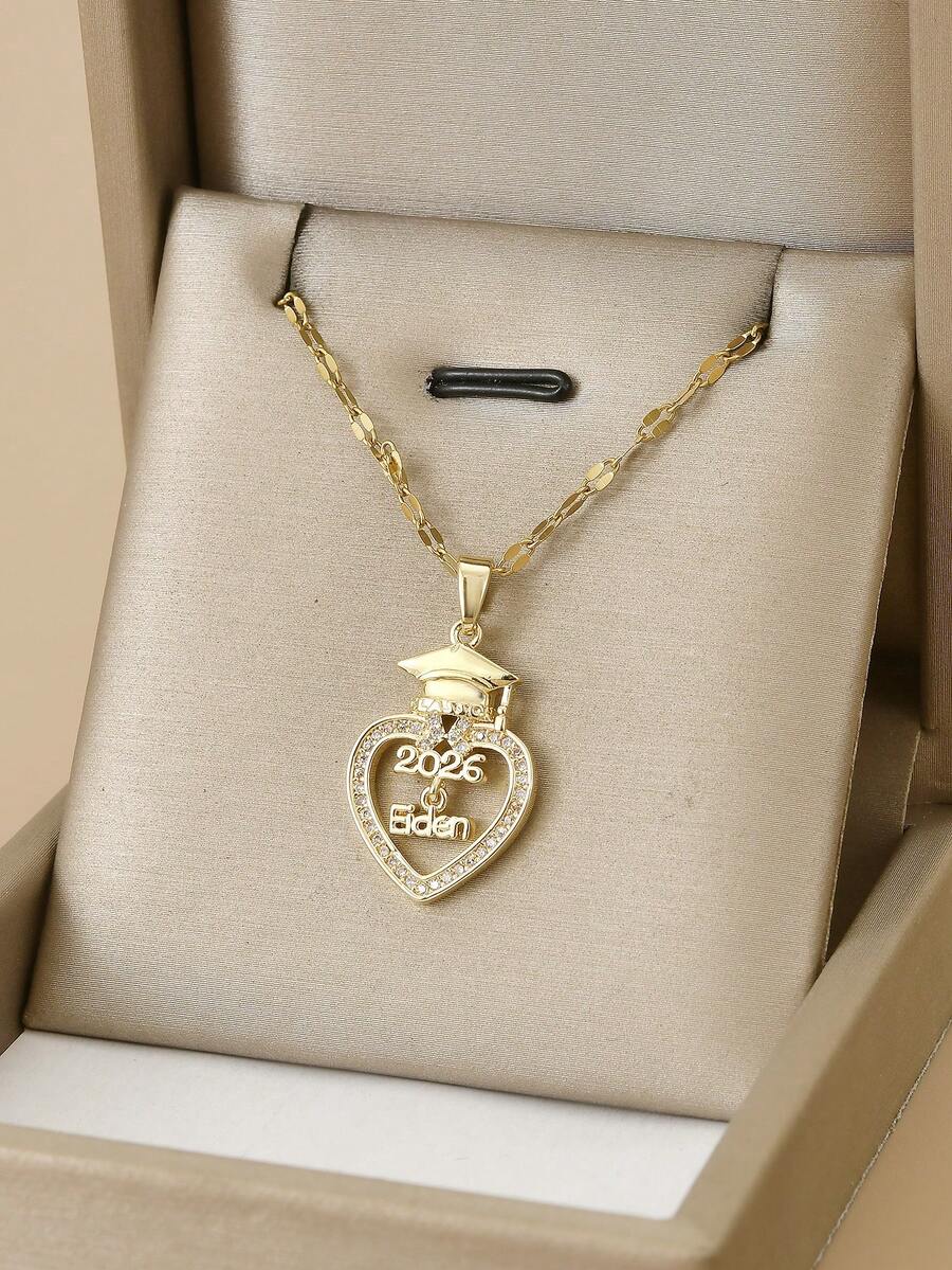 1pc Fashionable Rhinestone Heart Graduation Cap Stainless Steel Necklace, Graduation Season 2026, Gold Chain, Gold Jewelry, Heart-Shaped Pendant, Unisex Necklace, Summer Vacation, Beach, Gift, Valentine's Day - Yellow Gold - View 1