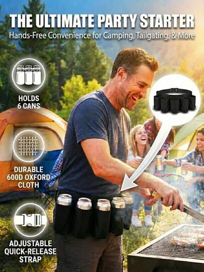 Adjustable Beer Belt With 6 Storage Pockets - Suitable For Holiday Parties, Outdoor Picnics, Hiking And Family Gatherings, Halloween, Christmas, Birthday, Thanksgiving, Group Entertainment And Social Gatherings, Family Events