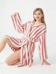 1pc Striped Hooded Bathrobe, Comfortable Loungewear, Large Bath Towel, Hotel Couple Sleepwear, Autumn/Winter - Multicolor - View 6