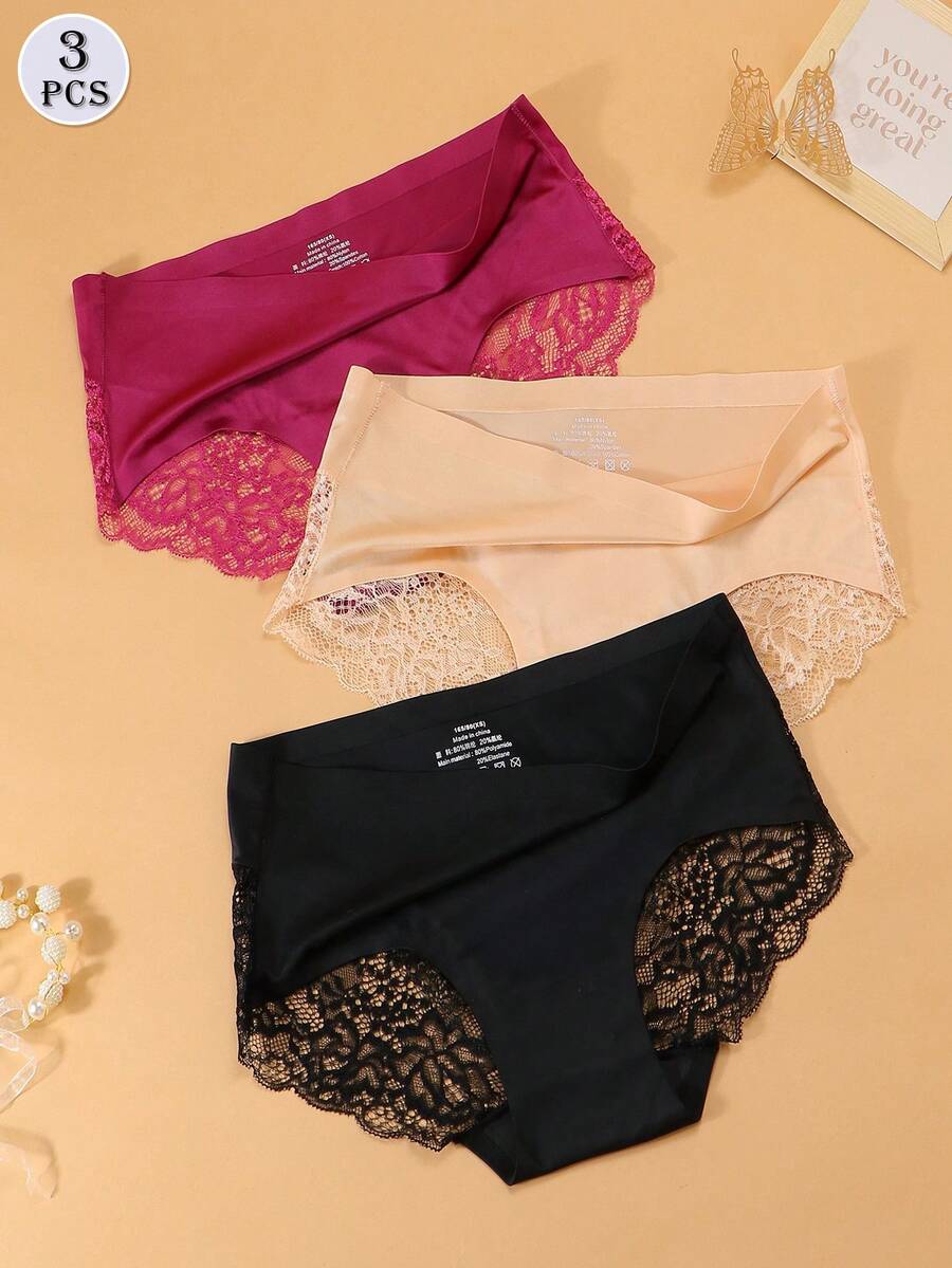 Set de 3 bragas de mujer de unicolor y sexy con aplicaciones de encaje y seda de hielo - Multicolor - Ver 1