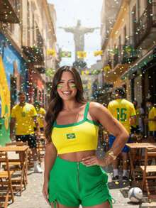 Women's Cropped Top, Fit Brazil Style, Embroidered Tank Top, Ribbed Cups, Contrasting Waist, Knit Fabric, Beachwear, Vacation - Yellow - View 3