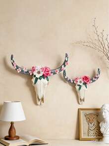 花卉骷髅壁挂装饰套装 - 波西米亚风树脂墙饰，适用于客厅/卧室、农舍家居装饰，创意艺术墙雕，可用于客厅、卧室、书房、婚礼派对、节日氛围、情人节、结婚礼物、最佳节日礼物、展示架装饰、生日礼物、毕业礼物 - 彩色 - 查看 5
